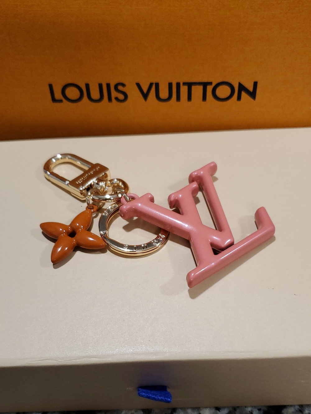 Louis Vuitton Pink LV Initials Key Charm with Brown Flower